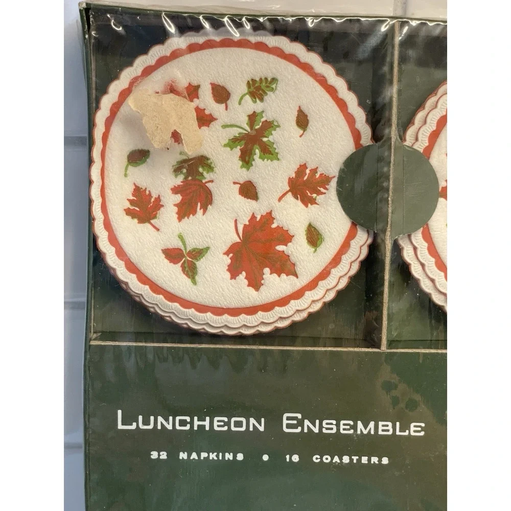 Vintage Luncheon Napkin Coaster Set Autumn Fall Leaves Event Entertain‎ MCM Dine